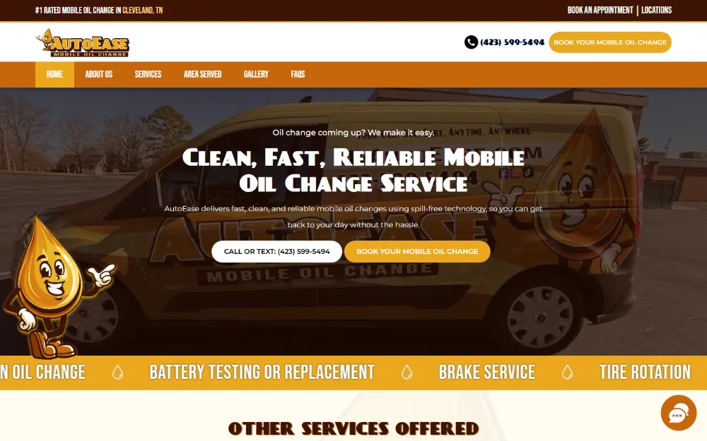 AutoEase website — Mobile oil change, built by Sundae Websites