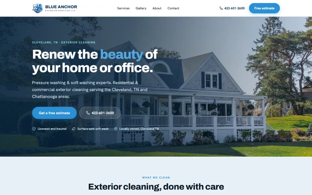 Blue Anchor Exterior Services website — Exterior cleaning, Cleveland, TN, built by Sundae Websites