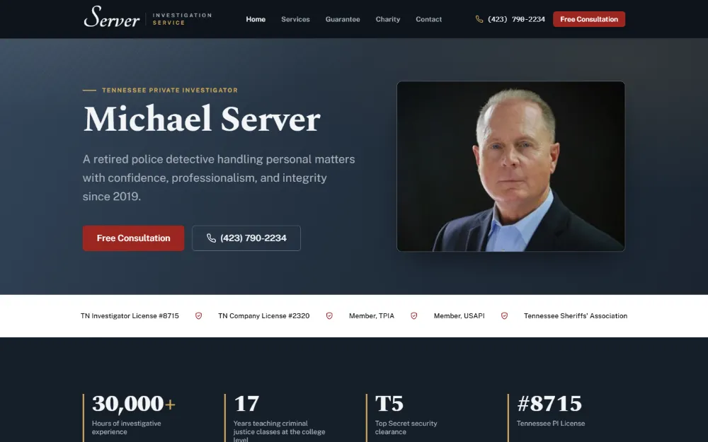 Server Investigation Service website — Private investigator, Tennessee, built by Sundae Websites